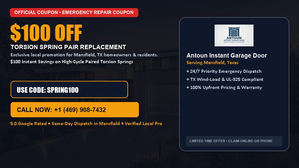 $100 OFF Dual High-Cycle Torsion Spring Replacement in Mansfield, TX - Antoun Instant Garage Door